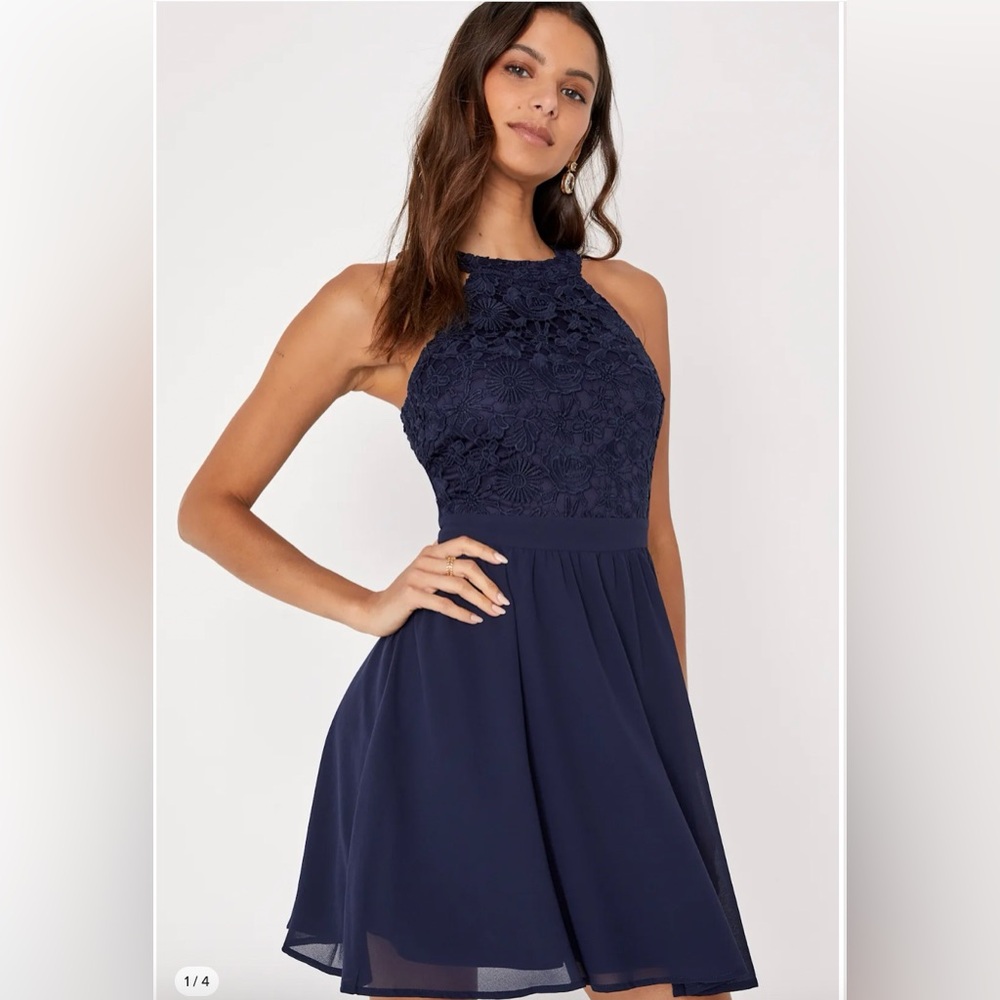 Lulus Lover’s Game Navy Blue Lace Skater Dress Size XS NWT!